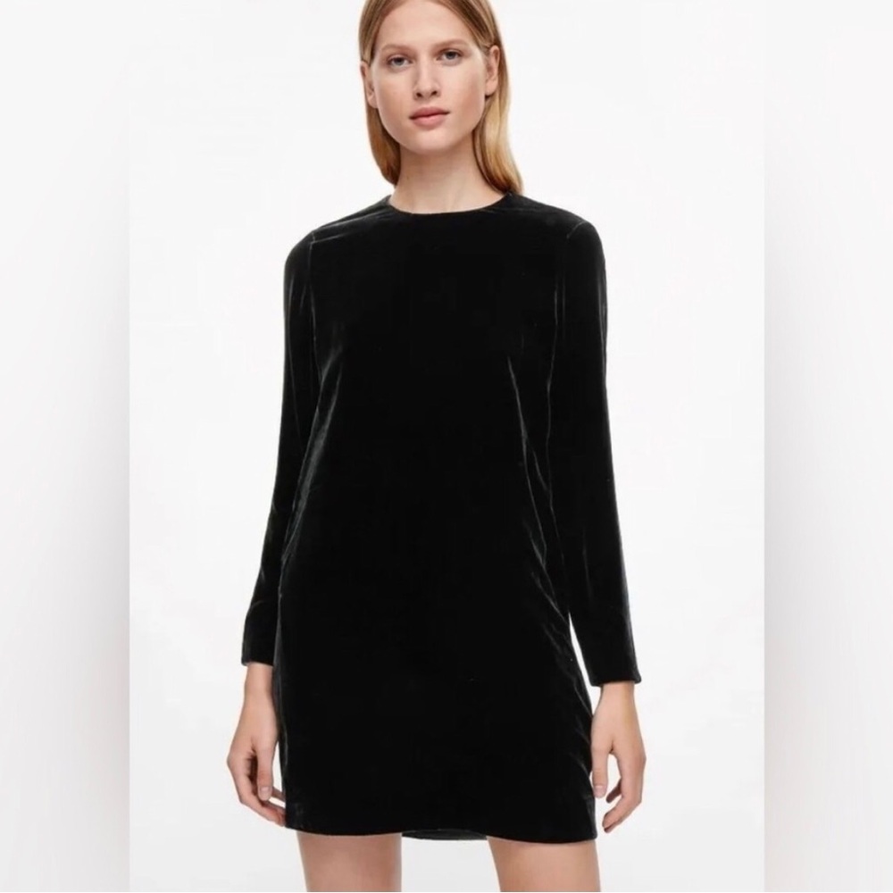 COS Black Velvet Silk Blend Long Sleeve Shift Dress Size 10 Goth Minimalist NWT